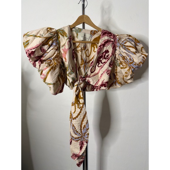Eugenia Fernandez Tops - Eugenia Fernandez Tropical Puff Sleeve Wrap Crop Top Pink Mustard XS
